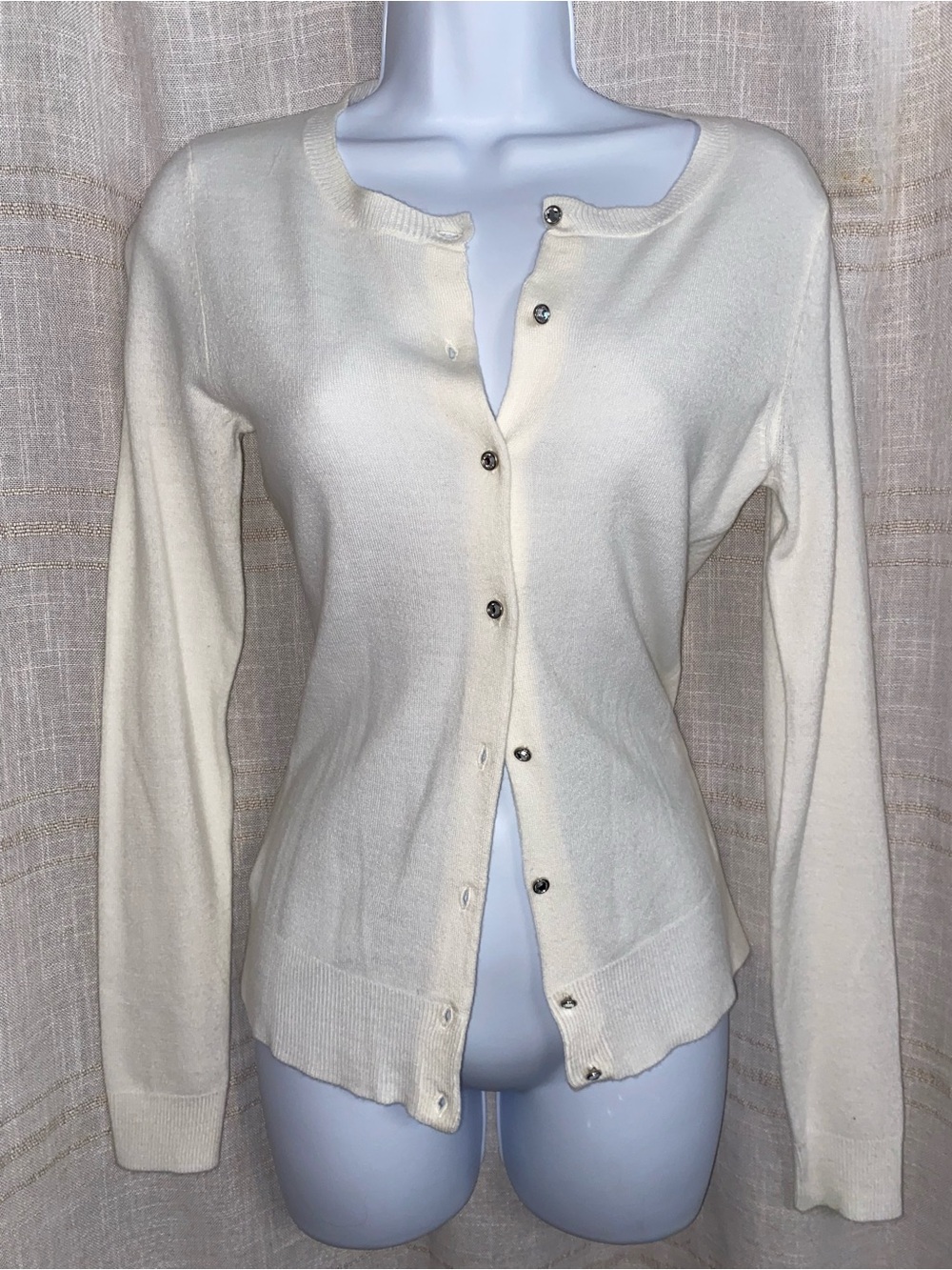 New York & Company Cream Gem Button Crewneck Cardigan Sweater XS